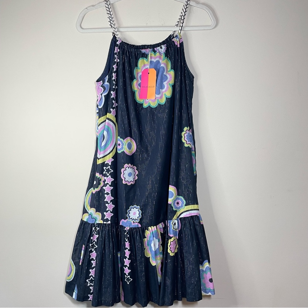 New Vilagallo Cotton Shift Braided Strap Floral Ruffle Hem Dress Size 42
